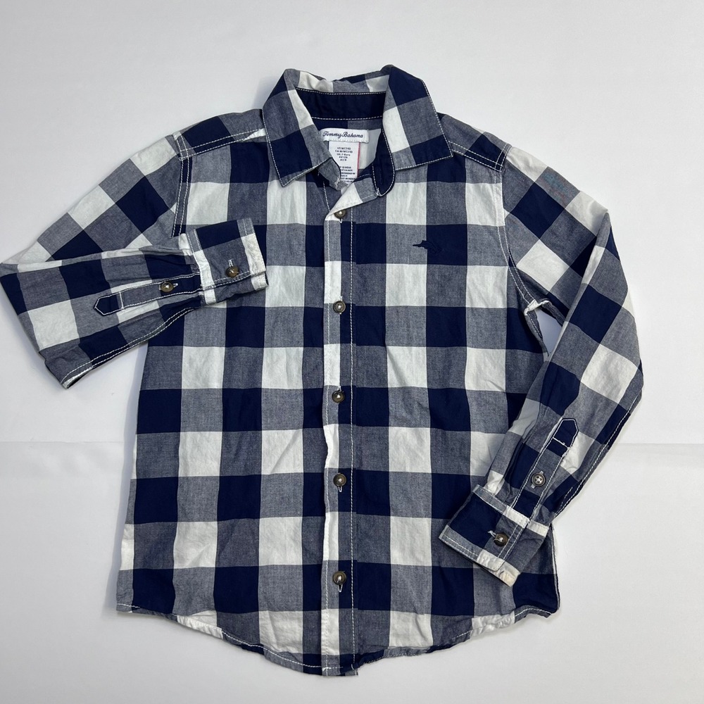 Tommy Bahama Boys Navy Buffalo Check Button Down Shirt Size M 7/8 Long Sleeve
